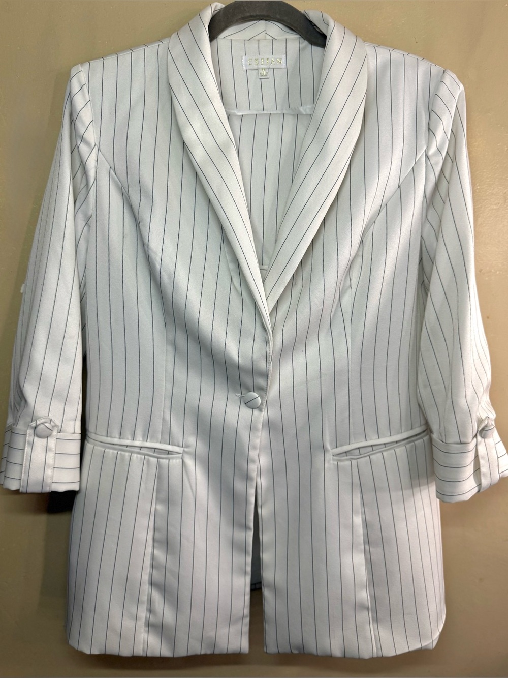 White CEFIAN Pinstripe Blazer & Belted Shorts 2-Piece Set - Picture 5 of 7
